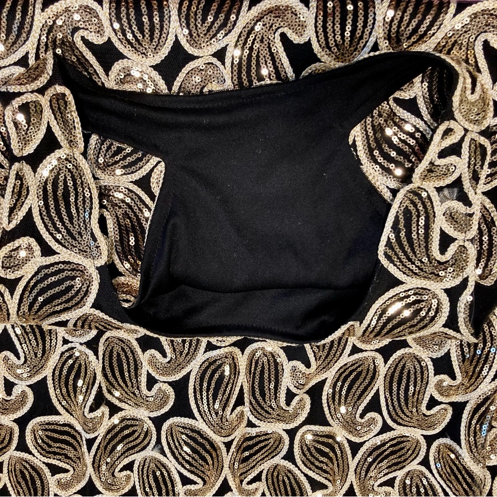 Black and Gold Sleeveless Sheath Dress Fringe Paisley Sequins - Picture 13 of 15